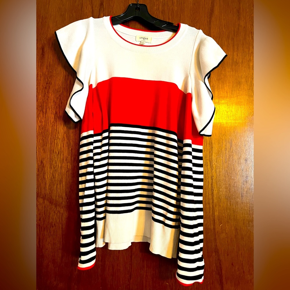 Cute, red, white and black open shoulder sweater by bungee